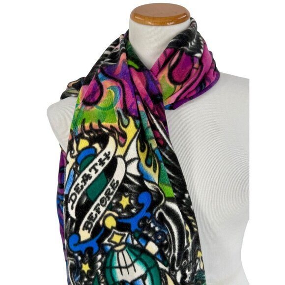 Christian Audigier x Ed Hardy Paisley Print Purple & Pink Fringed Hem Scarf - Picture 6 of 13